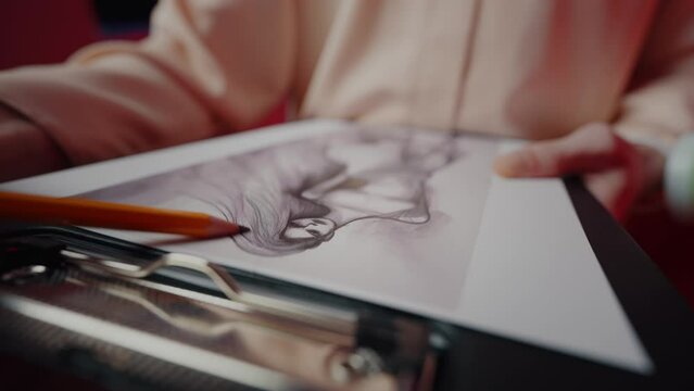 Closeup front view faceless fashion designer sketching women's clothing using pencil technique