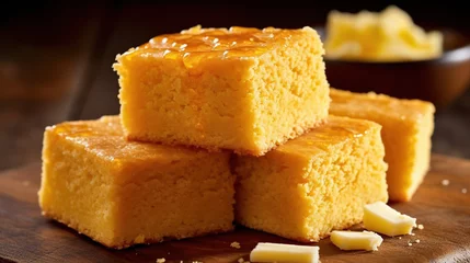 Crédence de cuisine en verre imprimé Pain Golden cornbread squares topped with butter or honey Generative AI