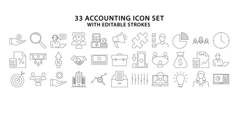 Accounting icon set. Set of icon. Set of 33 line icons related to accounting, audit, taxes. Outline icon collection. Business symbols. Editable stroke. Vector illustration