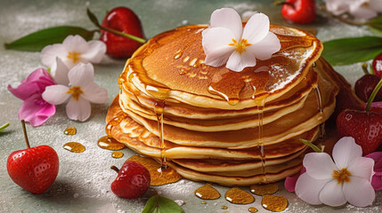 Fototapeta na wymiar Fresh Pancakes With flowers Generative AI