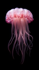 Pink jellyfish swimming in dark abyssal water, black background, vertical format 9:16. Generative AI