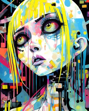 Colorful graffiti melancholic girl on the wall, abstract street art, vertical format 4:5. Generative AI