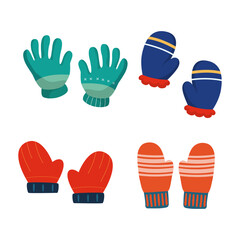 Set of colorful  winter gloves decoration. Vector flat illustration