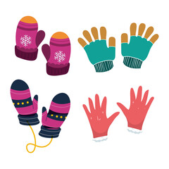 Set of colorful  winter gloves decoration. Vector flat illustration