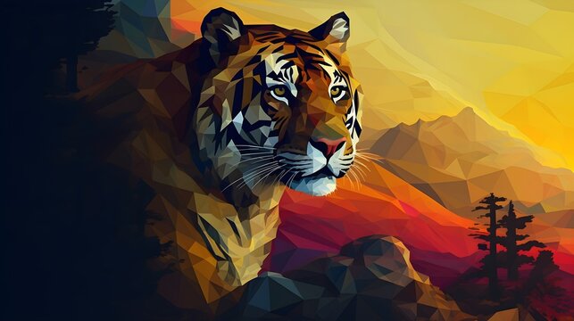 Geometric tiger wallpaper, sunset background, horizontal format 16:9. Generative AI