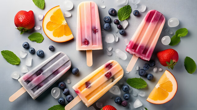 Ice cream popsicles with fruit, berries and ice, top view, flat lay. Summer dessert, frozen fruit juice.