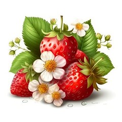 strawberries with flowers, isolated on white background, generative AI