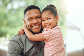 Family, father hug daughter and smile in portrait with bonding, love and care, happiness at home. Happy man with young girl and affection in relationship, people relax together with bond and trust