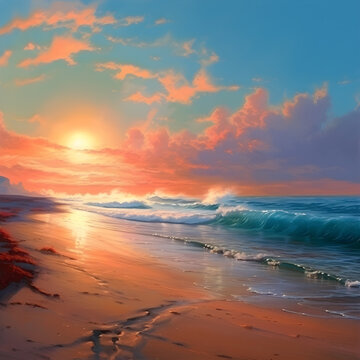 Realistic beach, sunset over ocean, Oil paint, AI Generated, Generative AI