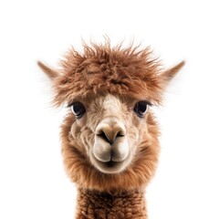 alpaca face shot, isolated on white background, generative AI