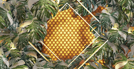 Palm leaf and golden frame Leaf of monsters Monstera green leaf Botanical  Botany  Elegant nature template leaf background 3D illustration