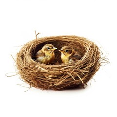 two baby birds in nest, isolated on white background, generative AI
