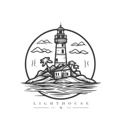 Lighthouse in the ocean on the small rocky island vector logo emblem. Lighthouse tower mascot