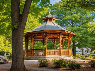 Fototapeta premium Beautiful round shape gazebo in the park designed by the landscape architect. Western-style architecture made from wood.