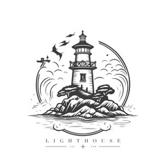 Lighthouse in the ocean on the small rocky island vector logo emblem. Lighthouse tower mascot