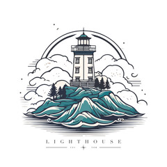 Lighthouse in the ocean on the small rocky island vector logo emblem. Lighthouse tower mascot.