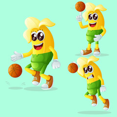 Cute banana characters playing basketball