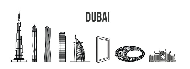 Dubai city skyline - towers and landmarks cityscape in liner style, vector. dubai Famous building vector 