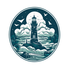 Lighthouse in the ocean on the small rocky island vector logo emblem. Lighthouse tower mascot.