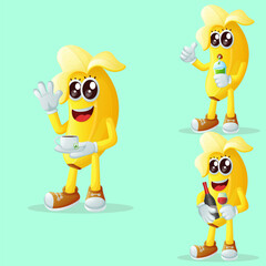 Cute banana characters enjoying beverages