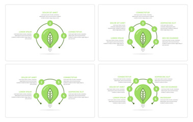 Set of infographic templates with green bulb with leaves and elements for numbers and text, green energy infographics