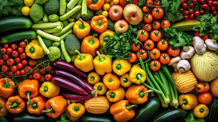 Fototapeta na wymiar Overhead view of vegetables displayed at market stall Generative AI