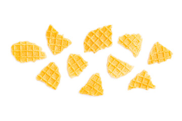 Broken crispy waffles isolated on white background, Homemade waffles