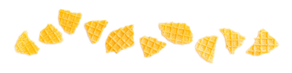 Broken crispy waffles isolated on white background, Homemade waffles