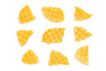 Broken crispy waffles isolated on white background, Homemade waffles