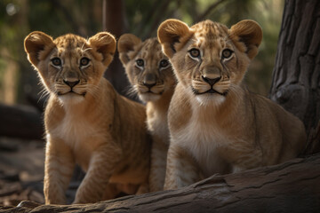 Three cute lion cubs. Generative AI.
