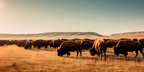 herd of bison grazing on a plain, with rolling hills and a clear blue sky. Generative AI - obrazy, fototapety, plakaty