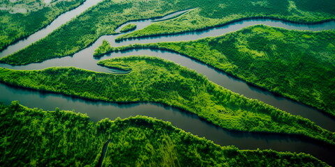 aerial view of a river delta with lush green vegetation and winding waterways Generative AI