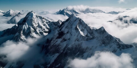 aerial shot taken by drone of a majestic, snow-capped mountain range, shrouded in clouds and mist Generative AI