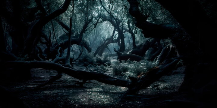 dark forest with twisted trees and deep shadows, suggesting the possibility of supernatural creatures lurking in the darkness. Generative AI
