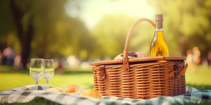 Summer vacation in the park, picnic with wine in nature Generative AI