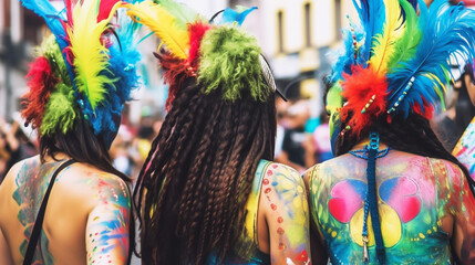 Obraz premium Carnival banner with funny character in fancy dress on stilts. illustration generative ai