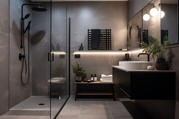 Stylish luxurious bathroom interior with a countertop shower - obrazy, fototapety, plakaty