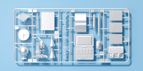 Minimal background for education concept. Plastic model kit of back to school element on blue background. 3d rendering illustration. Object isolate clipping path included.