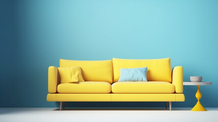 Yellow sofa on a blue wall background. Generative Ai.