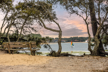 Fototapeta premium Catamarans on the beach in a beautiful landscape on the coast of Nouvelle-Aquitaine