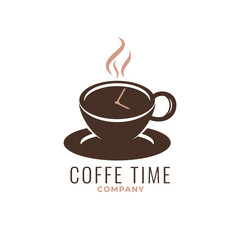 Coffee in mug with analog clock for cafe, restaurant, coffee house, shop logo design vector