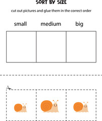 Sort cute snails by size. Educational worksheet for kids.