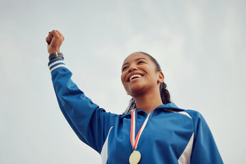 Happy woman, fist and celebration of winning athlete, success or victory for sports achievement on mockup. Female person or winner with smile in joy for win, award or sport medal on mock up space - Powered by Adobe