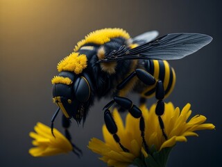 Bumble bee closeup macro on flower. AI generated 