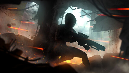 A beautiful mature cyborg woman, a sniper in a high-tech suit with a Sci-Fi rifle in her hands, she sneaks through the ruins in the heat of battle hiding from shots behind a column. 2d art.