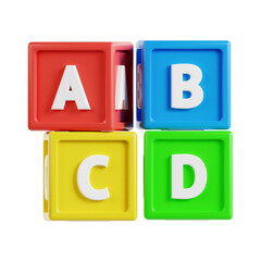 abc blocks 3d render icon illustration, transparent background, kids toy