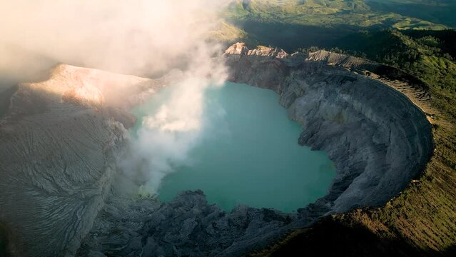 Sunrise on Ijen volcano. Indonesia. Aerial view