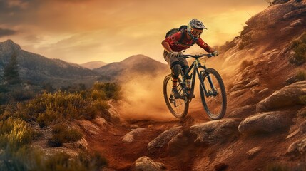 Naklejka na ściany i meble mountain biker in the sunset