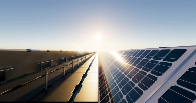 3d rendering looping video of floating solar or floating photovoltaics. May called floatovoltaics, solar farm, power station or solar power plant. Row panel and pontoon on water. Clean green energy.
