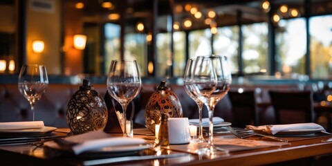 Fototapeta na wymiar Dine in style, tables ready at a large luxury restaurant with modern ambiance